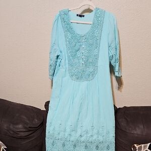 Roaman's Aqua Embroidered 3/4 Sleeve Dress